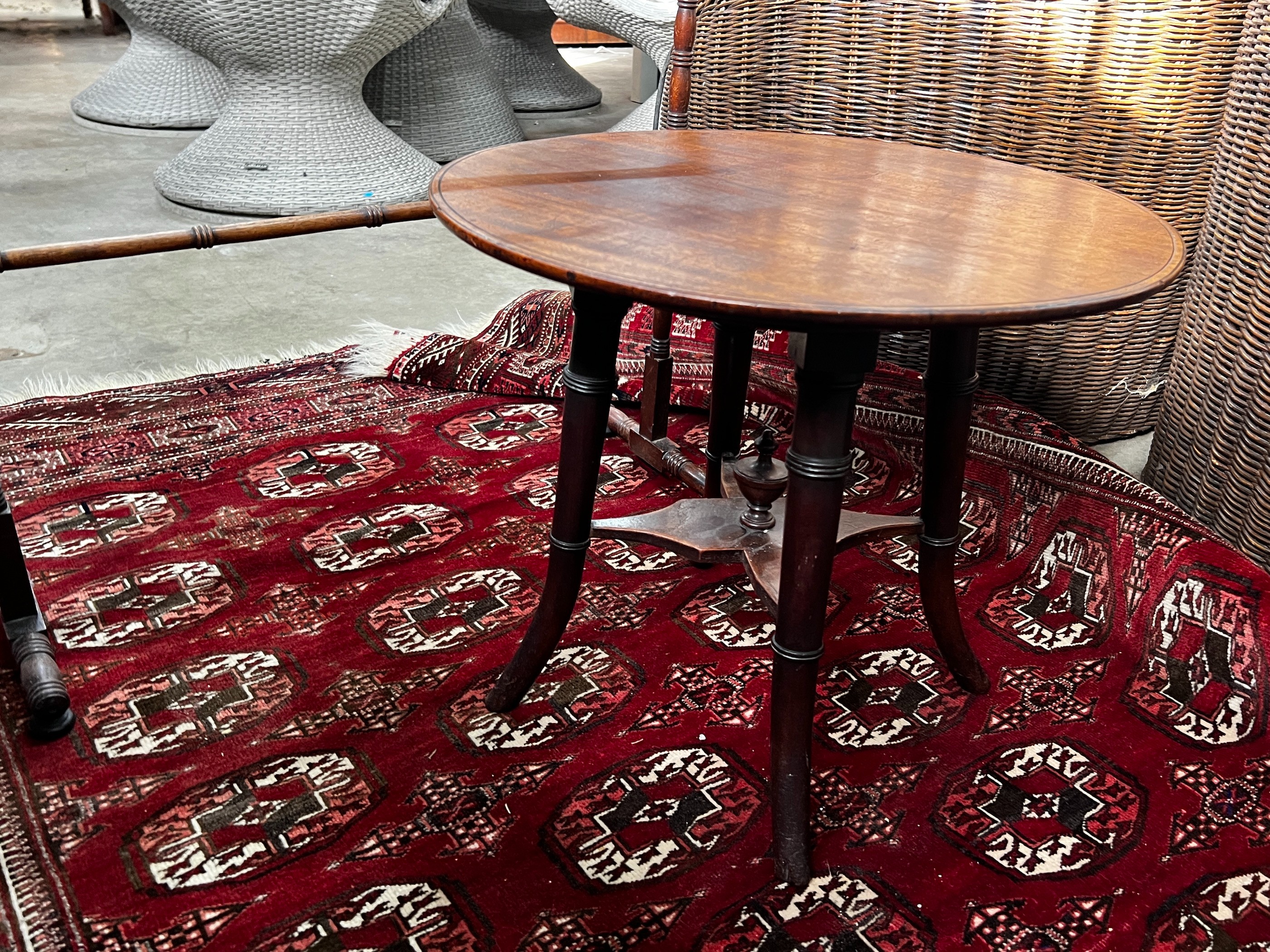 A Victorian mahogany towel rail, height 82cm and a Victorian and later circular occasional table